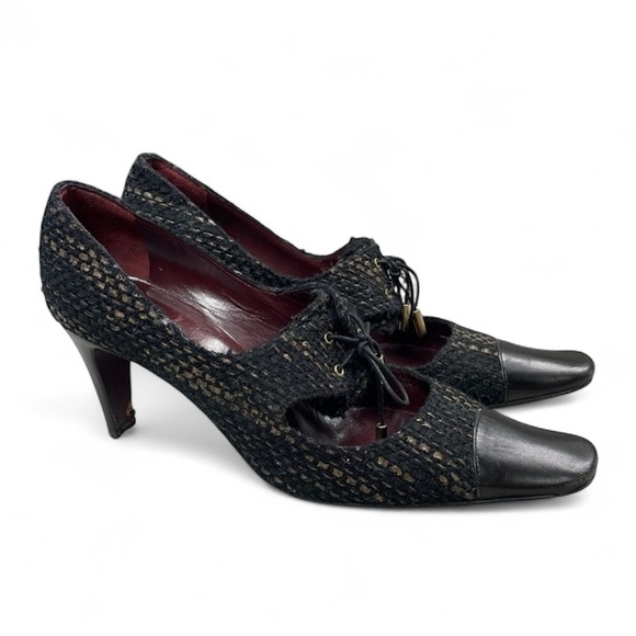 Vintage Chanel Tweed Squared Pointed Toe Lace Up Oxford Heels Sz 39.5 - Picture 1 of 15